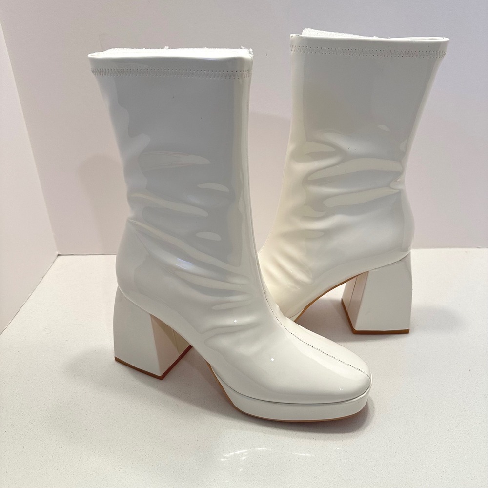 Lulus Edmen Off White Patent Square Toe Chunky Platform Ankle Boots Womens 8
